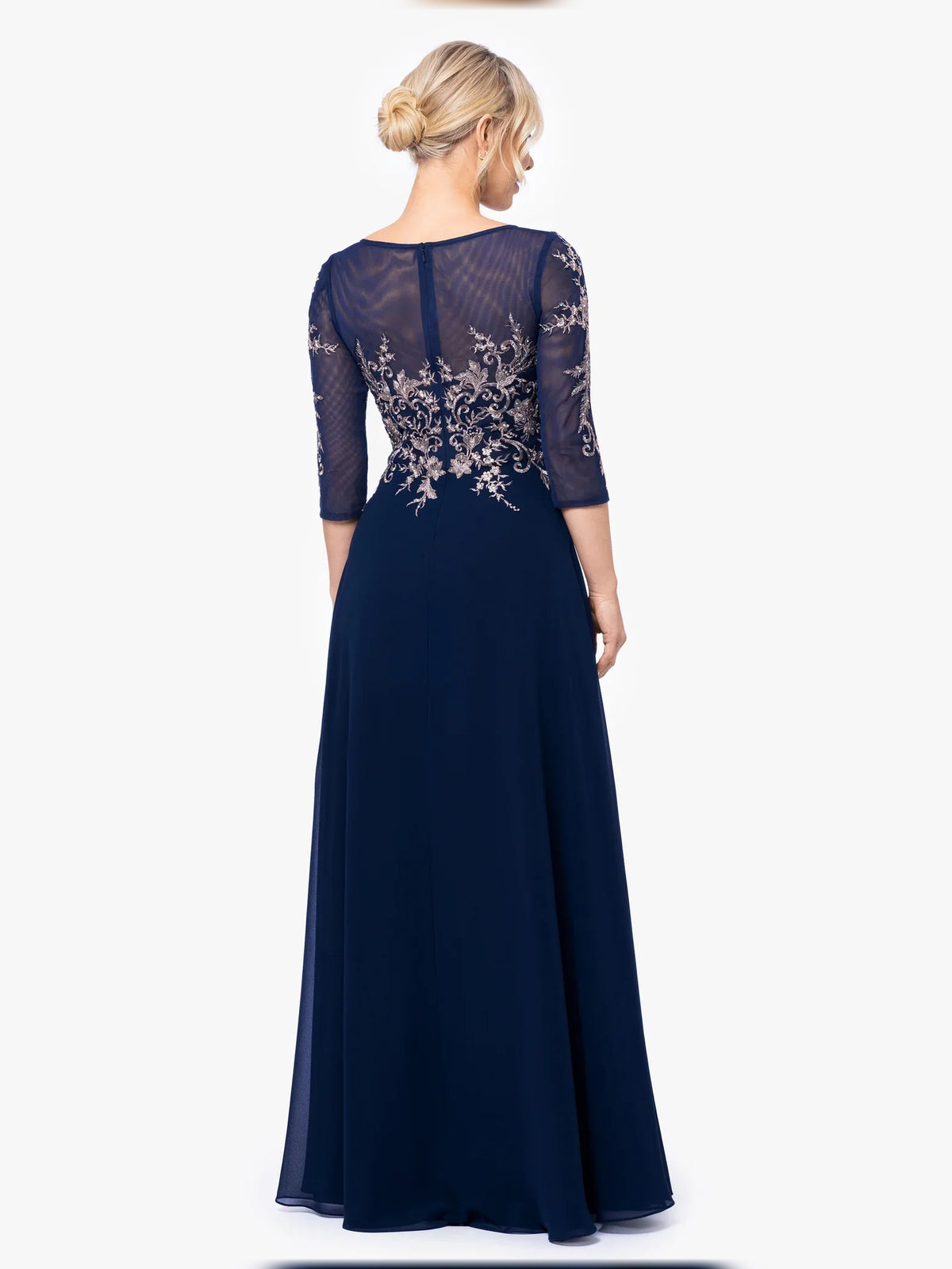 Dark Navy floor-length mother of the bride dress, alternate view showing the bodice and skirt