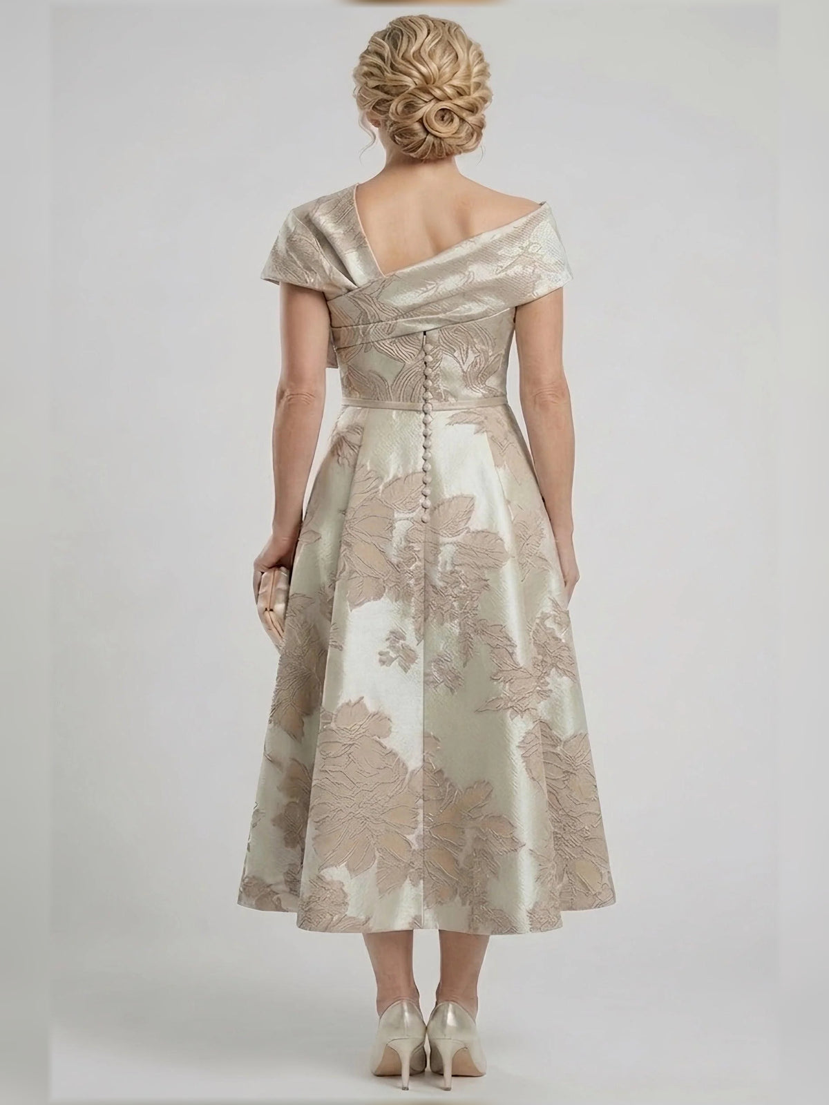 Champagne tea-length mother of the bride dress, alternate view showing the bodice and skirt