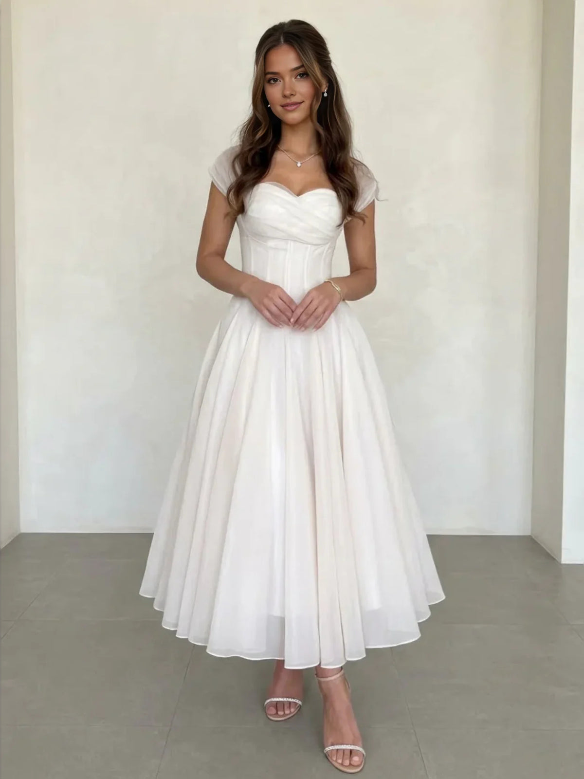 Ivory tea-length wedding dress, alternate view showing the bodice and skirt