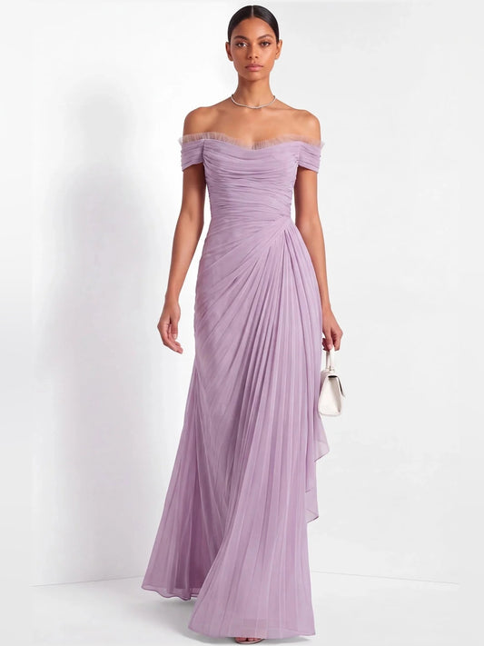 Lilac maxi bridesmaid dress, alternate view showing the bodice and skirt