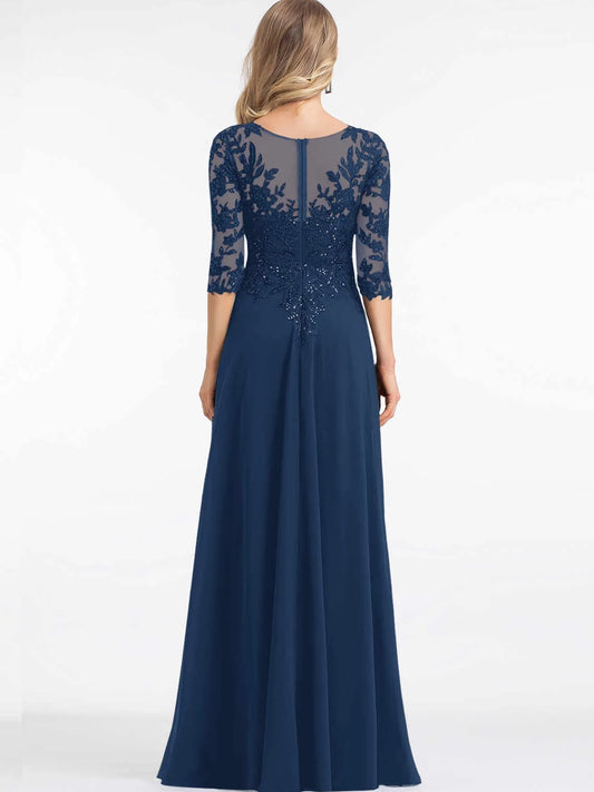 Dark Blue maxi mother of the bride dress, alternate view showing the bodice and skirt
