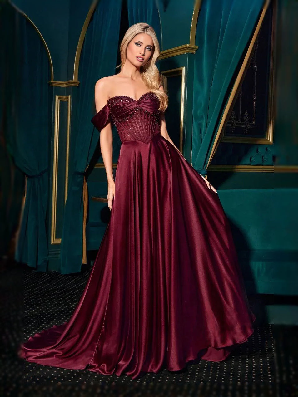 Burgundy floor-length prom dress, alternate view showing the bodice and skirt