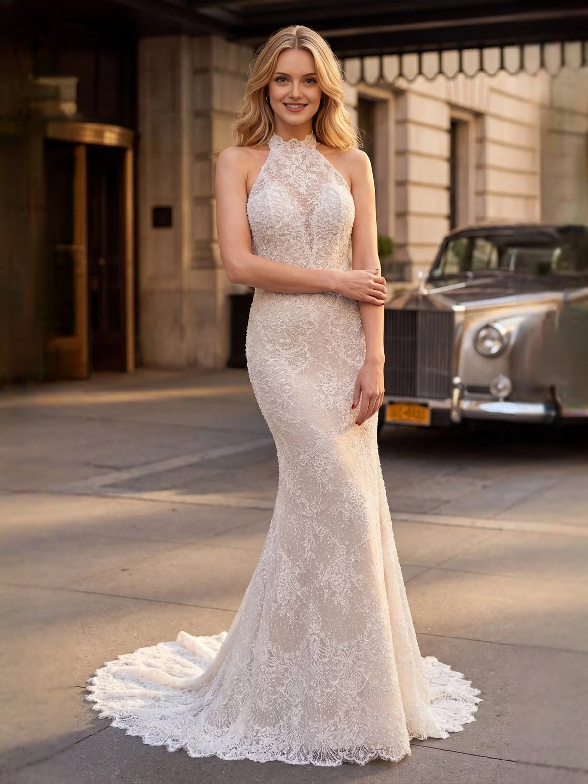 Ivory floor-length wedding dress, alternate view showing the bodice and skirt