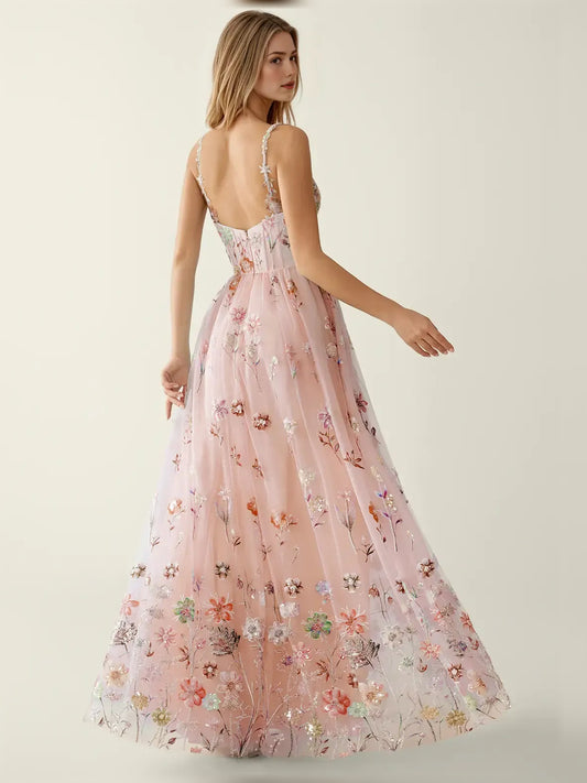 Blush Pink fit-and-flare floor-length formal dress with embroidery, alternate view