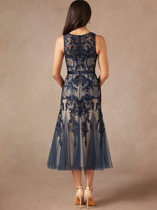 Dark Navy midi mother of the bride dress, alternate view showing the bodice and skirt