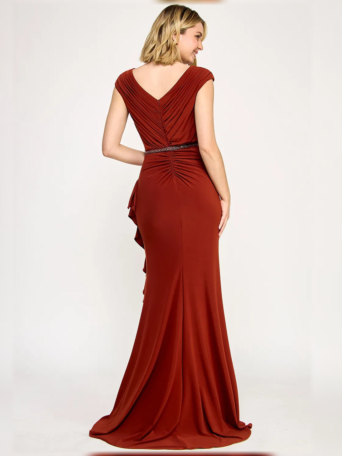 Burgundy mermaid floor-length formal dress with ruching, alternate view
