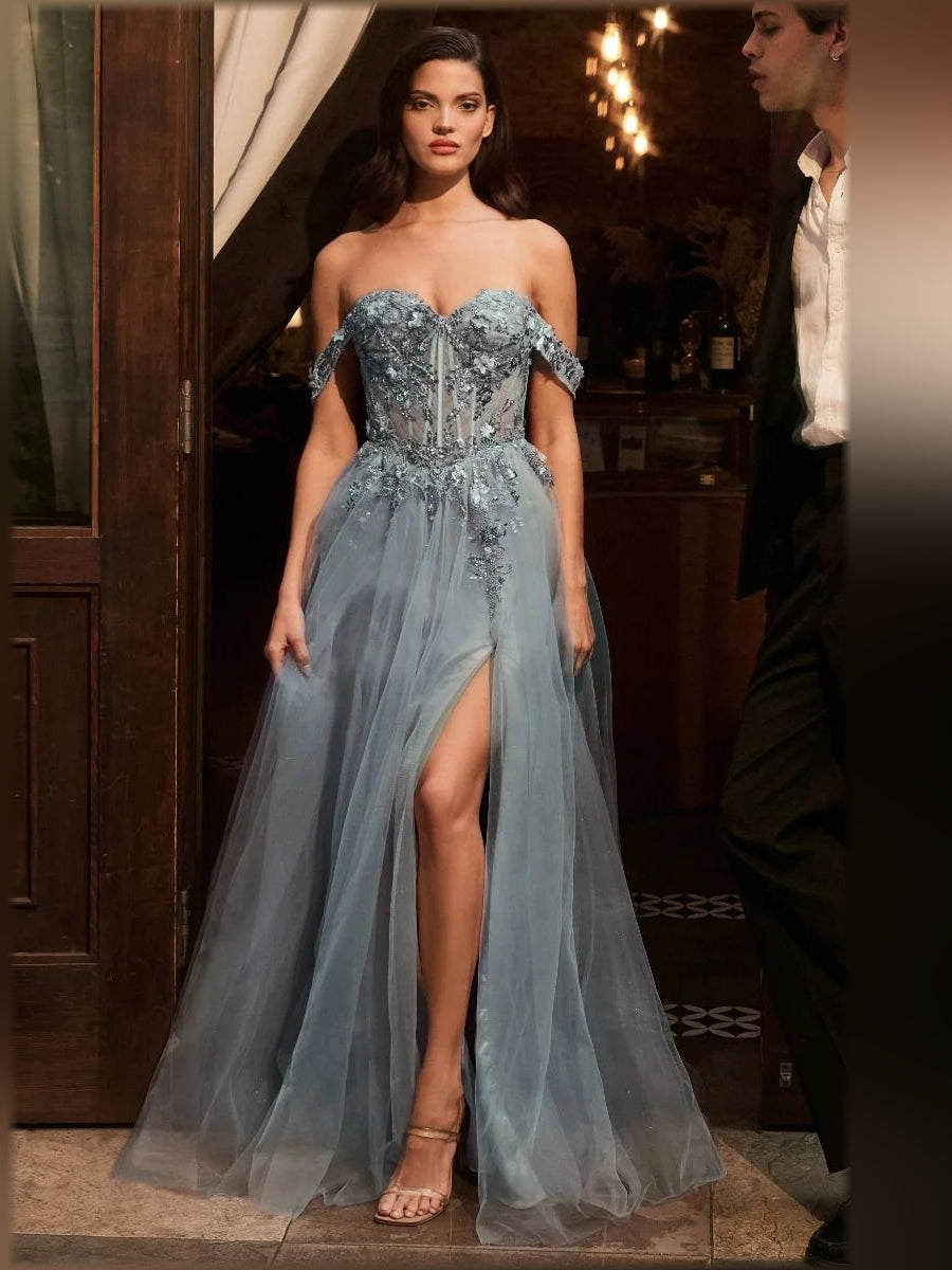 Slate Blue a-line floor-length formal dress with skirt slit, alternate view