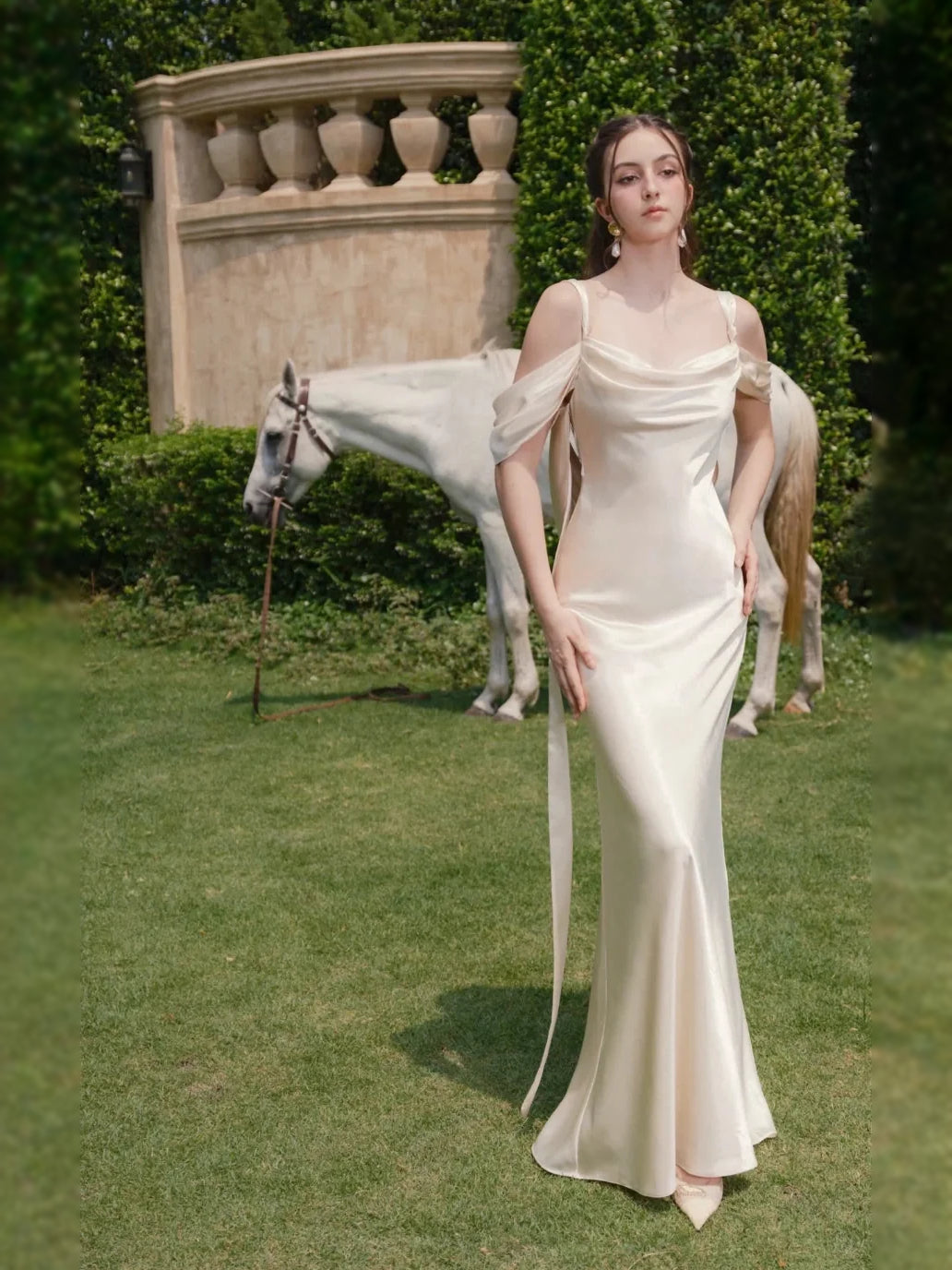 Ivory floor-length wedding dress, alternate view showing the bodice and skirt