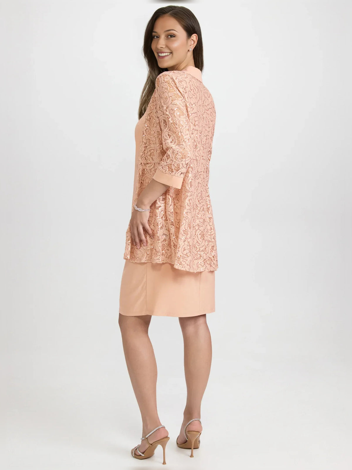 Pearl Pink midi mother of the bride dress, alternate view showing the bodice and skirt