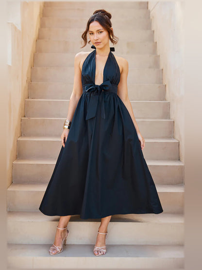 Black midi formal dress with halter neckline, alternate view