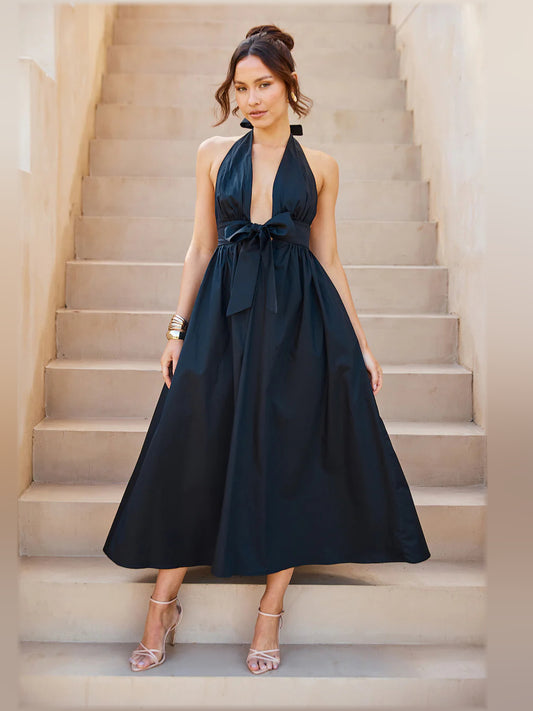 Black midi formal dress with halter neckline, alternate view