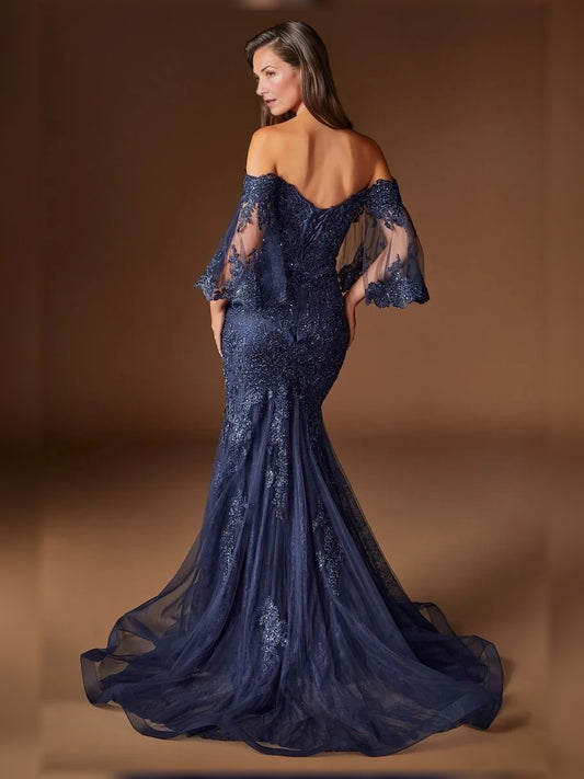 Dark Blue floor-length mother of the bride dress, alternate view showing the bodice and skirt