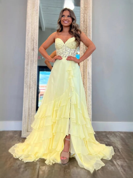 Yellow floor-length prom dress, alternate view showing the bodice and skirt