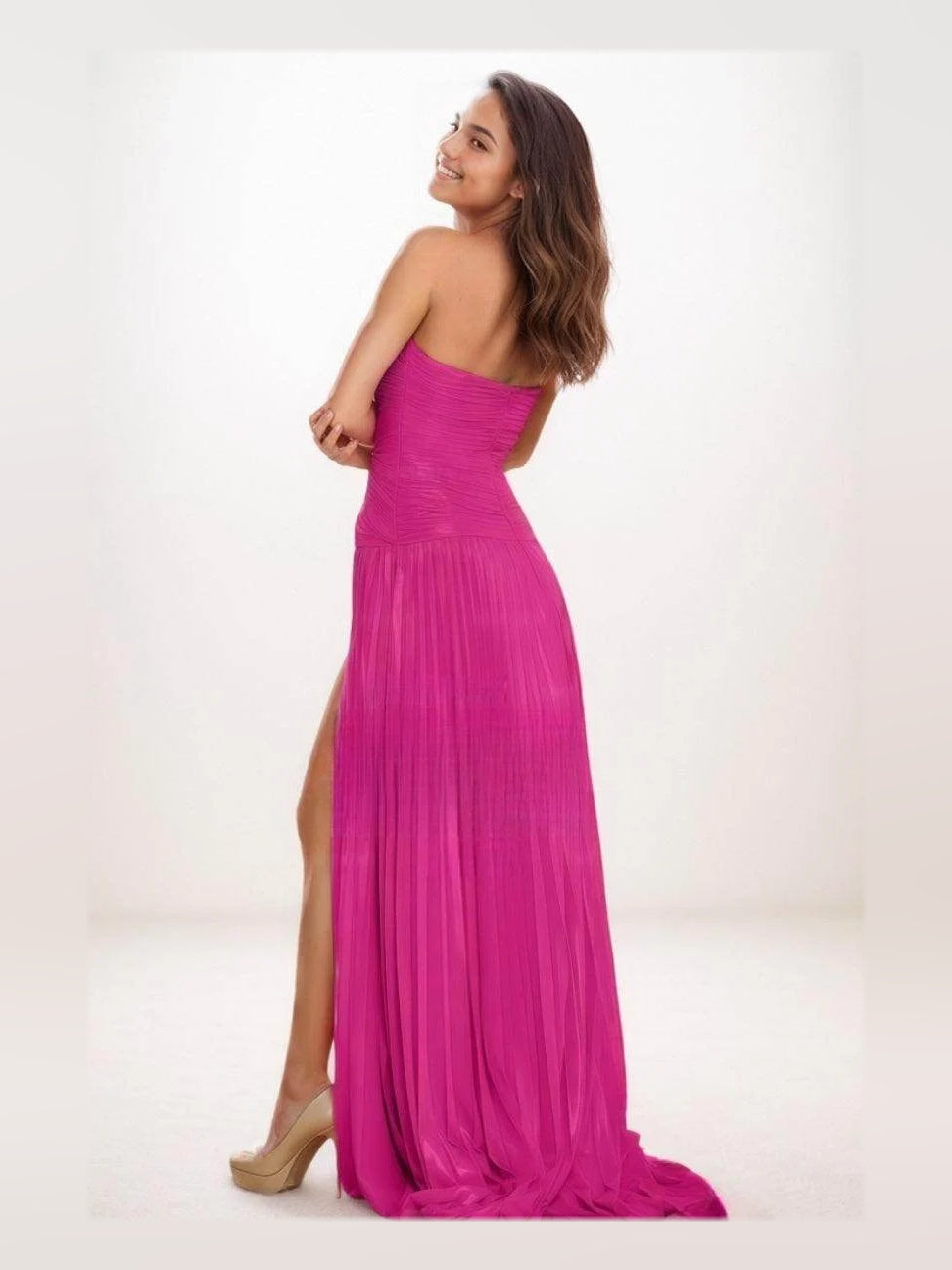 Hot Pink maxi prom dress, back view showing the rear of the dress