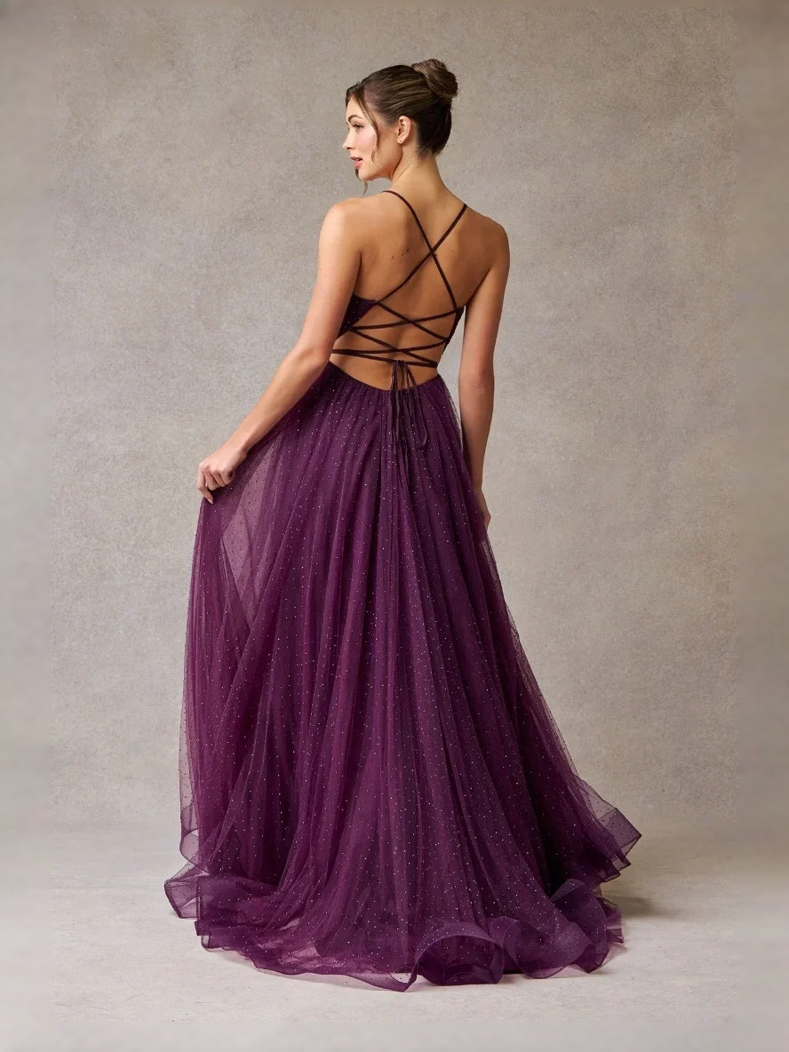 Grape floor-length prom dress, alternate view showing the bodice and skirt