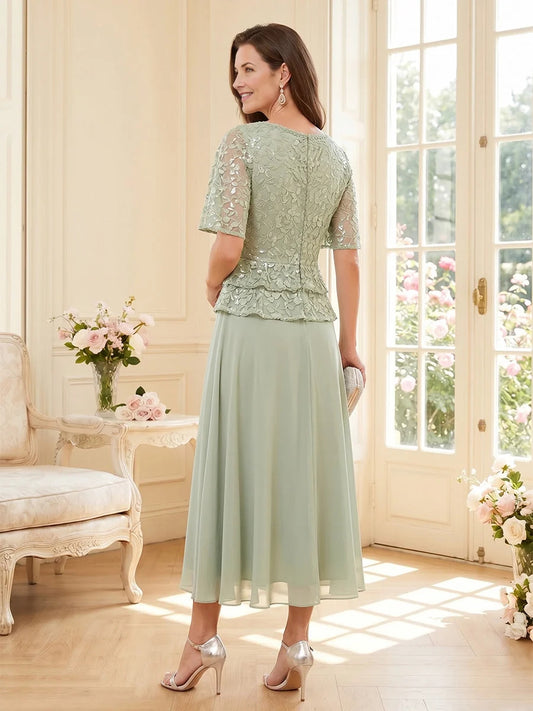 Dusty Sage tea-length mother of the bride dress, alternate view showing the bodice and skirt