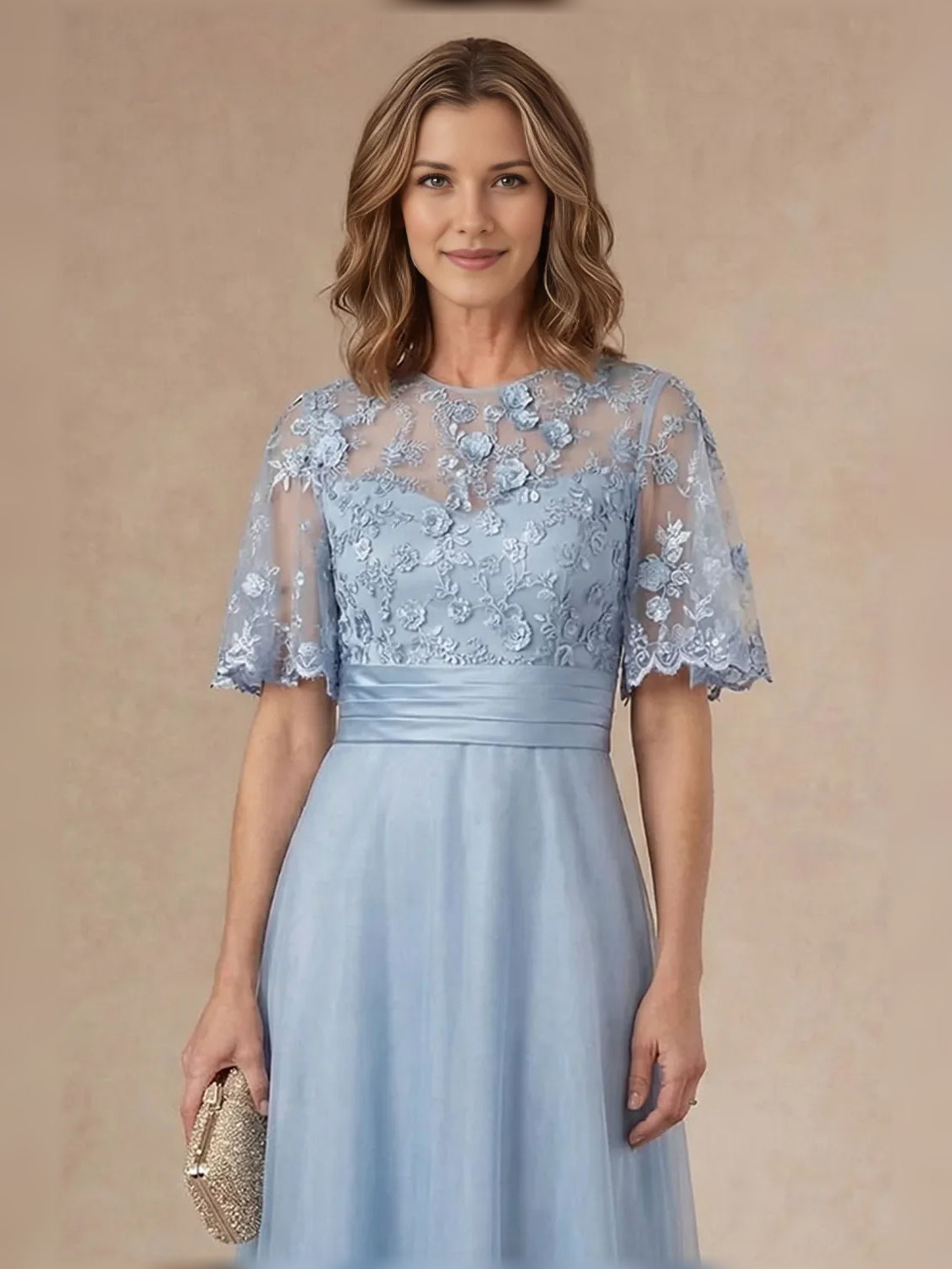 Light Blue short mother of the bride dress, alternate view showing the bodice and skirt