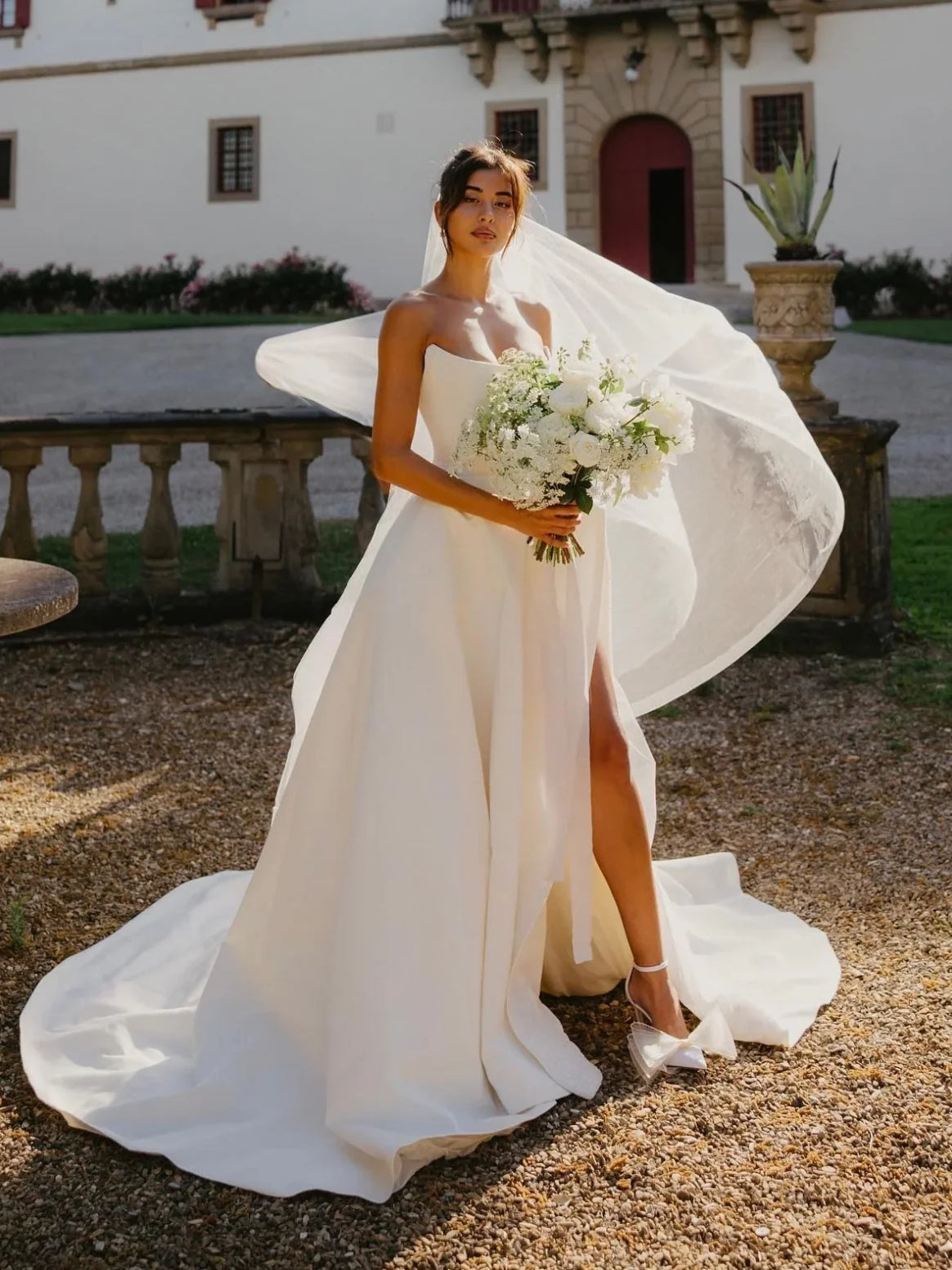 White floor-length wedding dress, alternate view showing the bodice and skirt