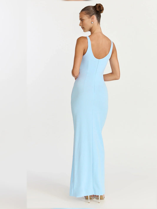 Light Blue sheath floor-length formal dress with skirt slit, alternate view