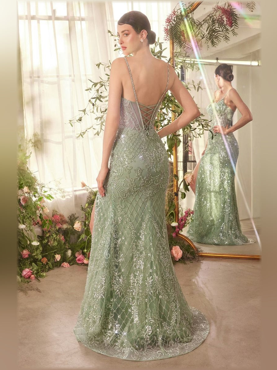 Sage Green mermaid floor-length formal dress with skirt slit, alternate view