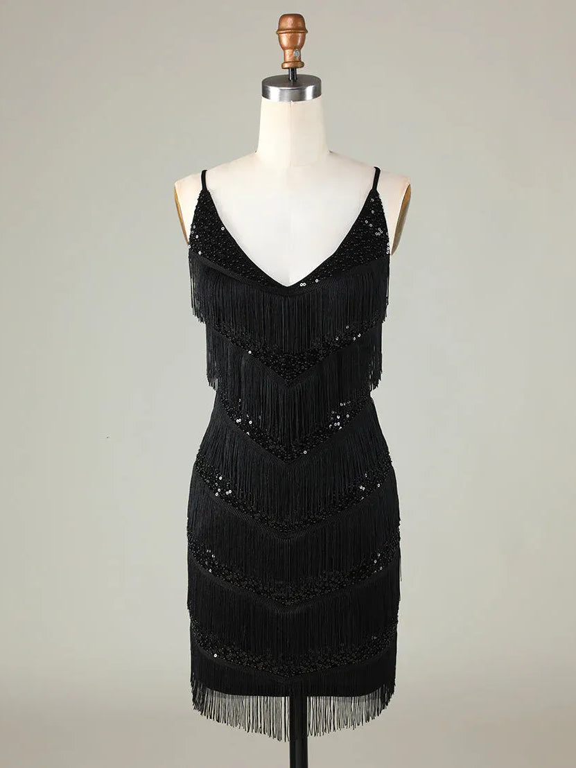 Black mini homecoming dress, back view showing the rear of the dress