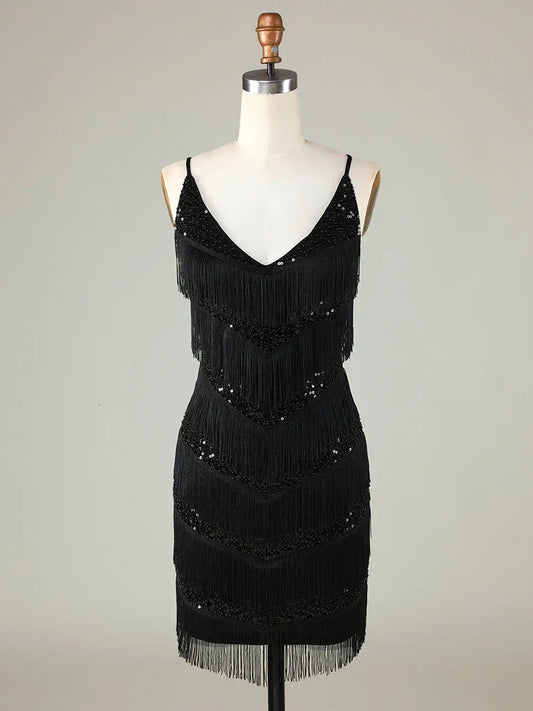 Black mini homecoming dress, back view showing the rear of the dress