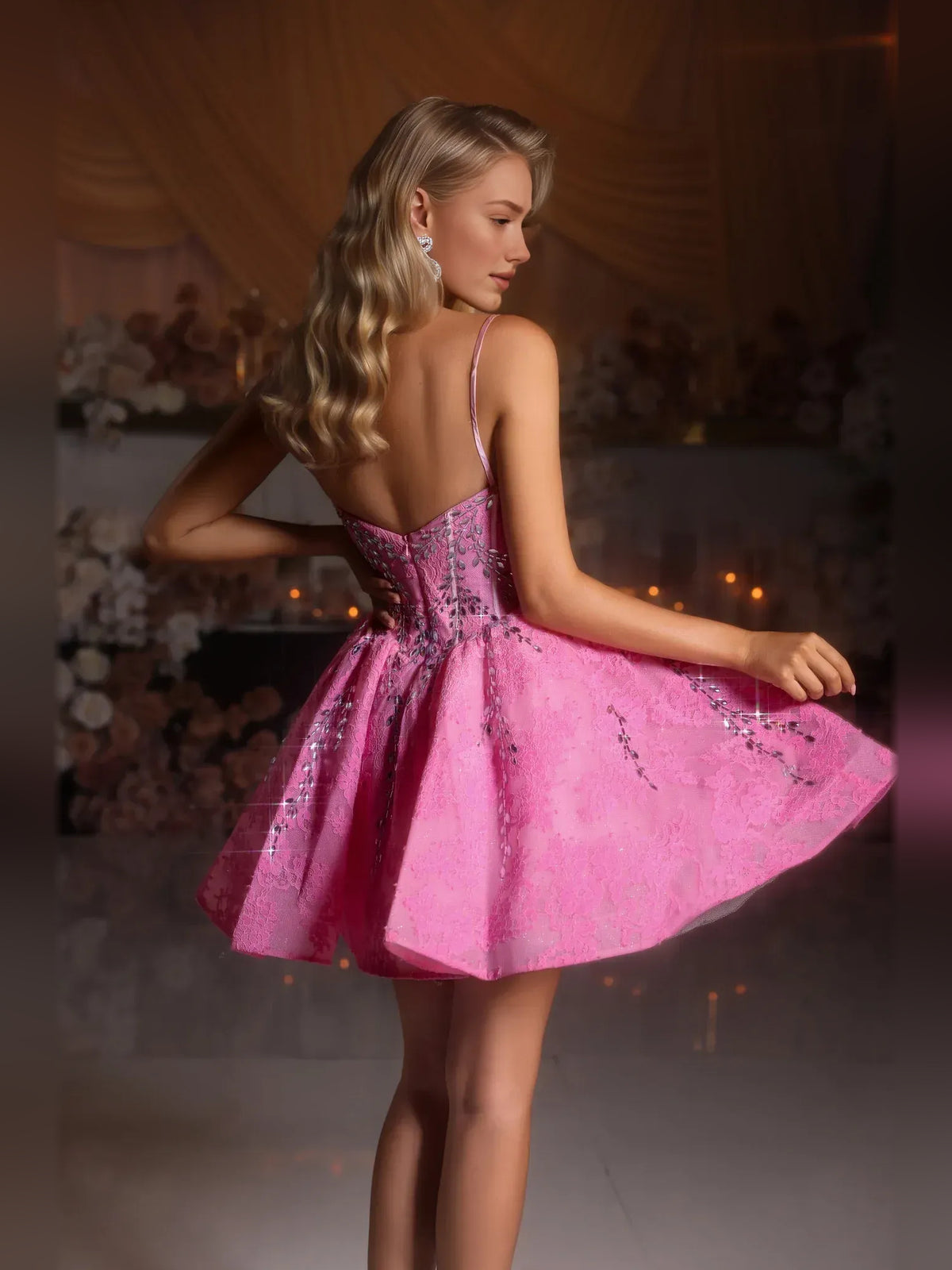 Pink mini homecoming dress, back view showing the rear of the dress