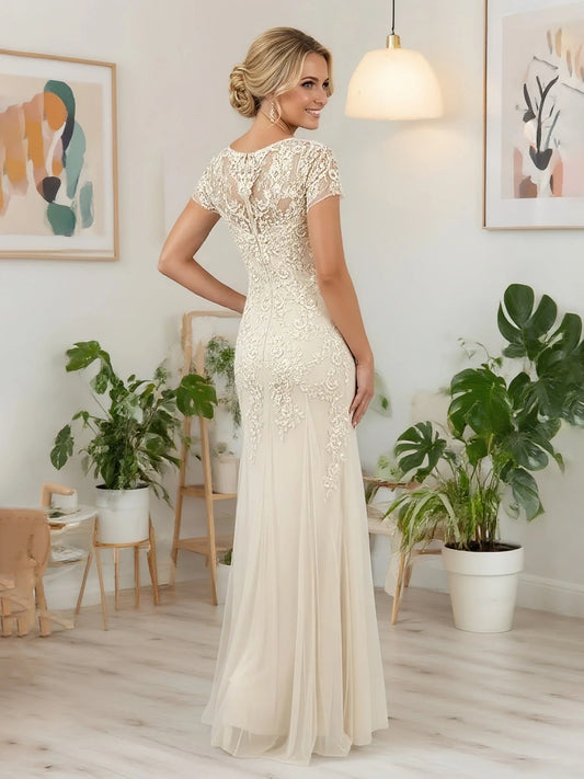 Champagne floor-length mother of the bride dress, alternate view showing the bodice and skirt