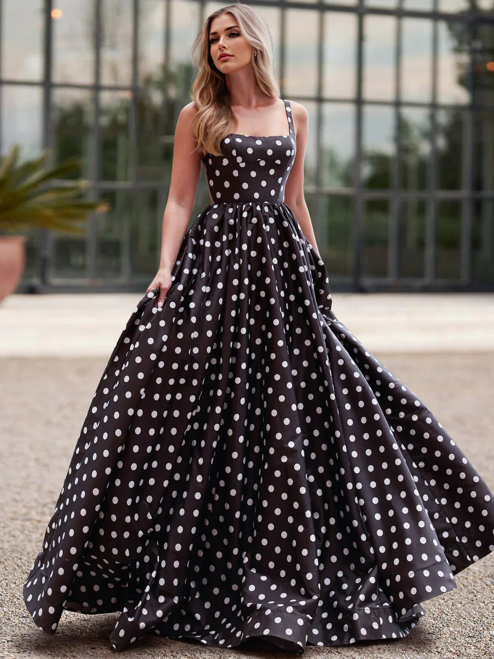 Black floor-length prom dress, back view showing the rear of the dress
