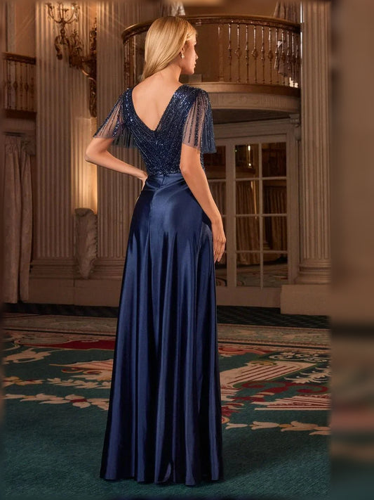 Navy Blue floor-length mother of the bride dress, alternate view showing the bodice and skirt