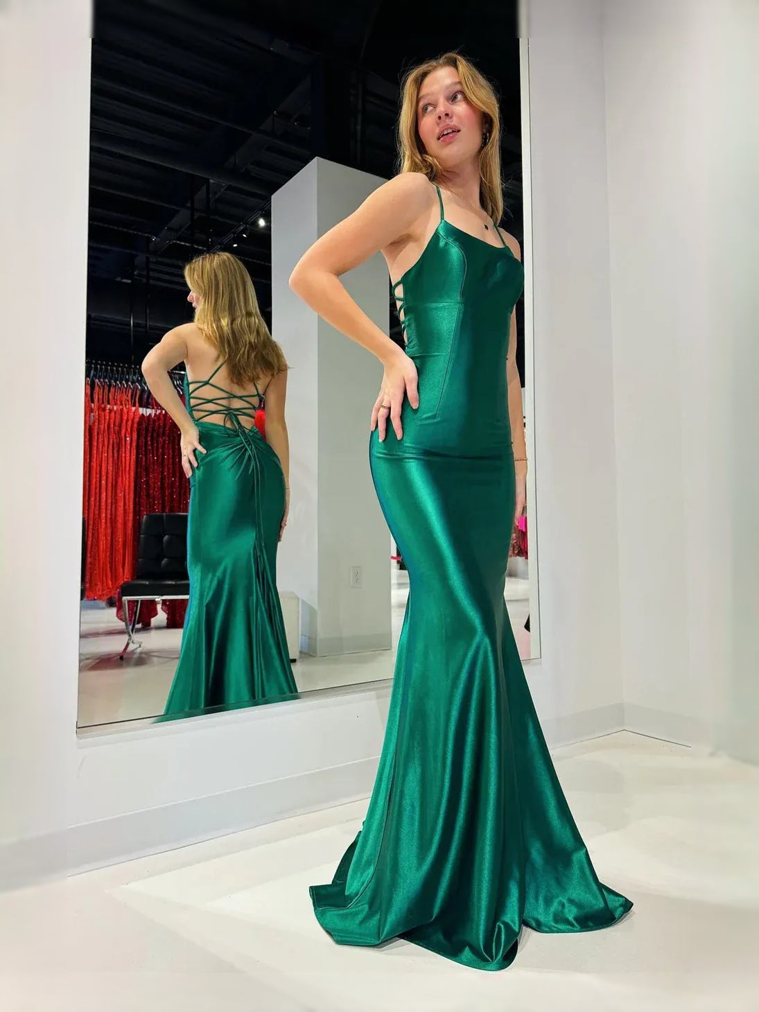 Emerald Green floor-length prom dress, back view showing the rear of the dress