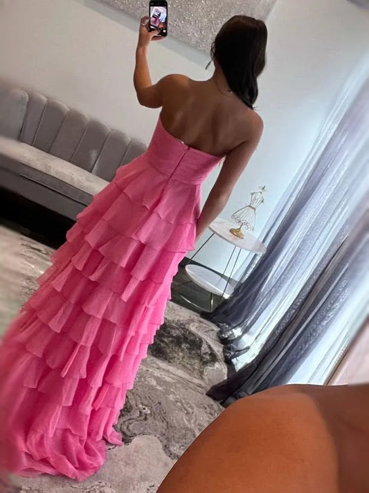 Fuchsia maxi prom dress, alternate view showing the bodice and skirt