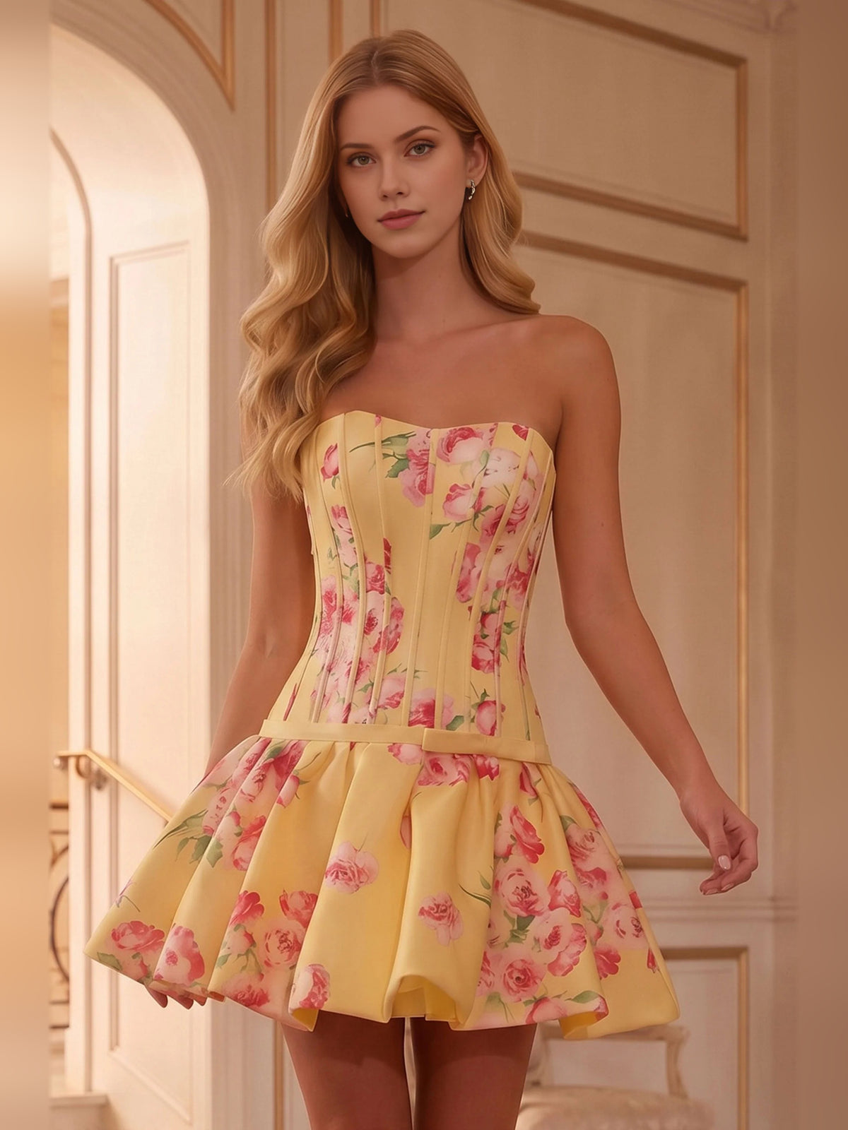 Yellow mini homecoming dress, alternate view showing the bodice and skirt