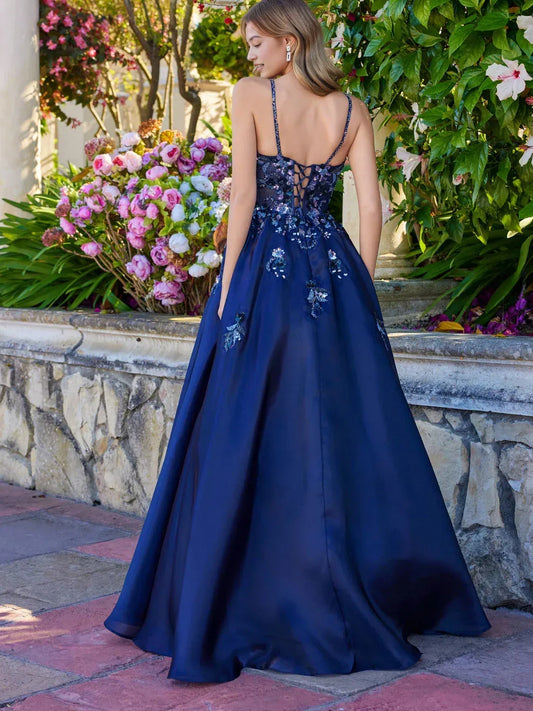 Purple floor-length prom dress, back view showing the rear of the dress