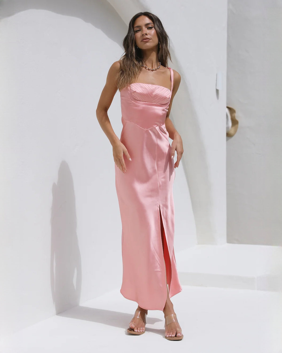 sleeveless satin a-line maxi bridesmaid dress - image 2