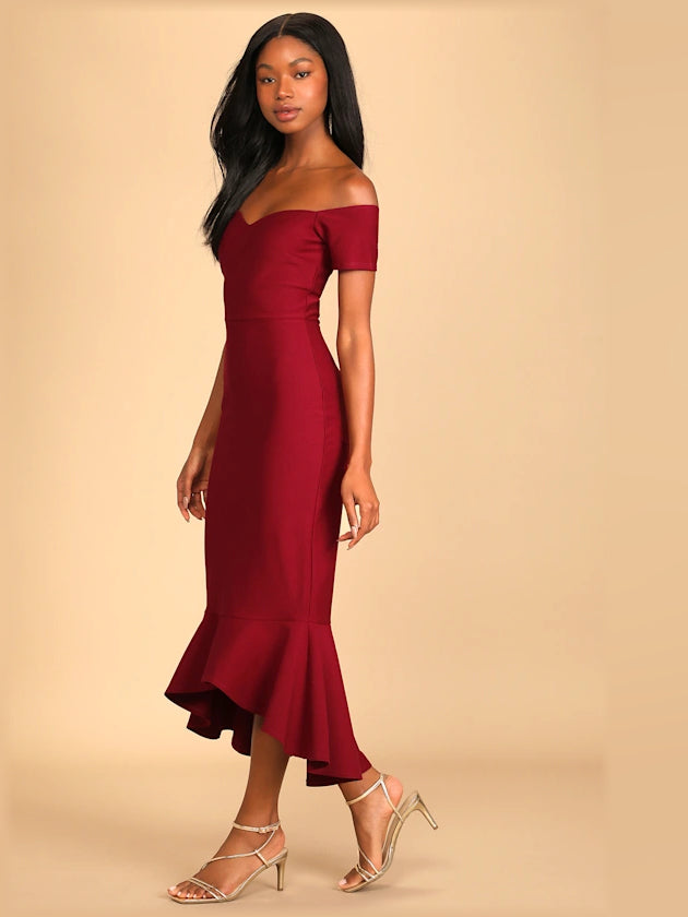 Black midi formal dress with off-the-shoulder neckline, alternate view