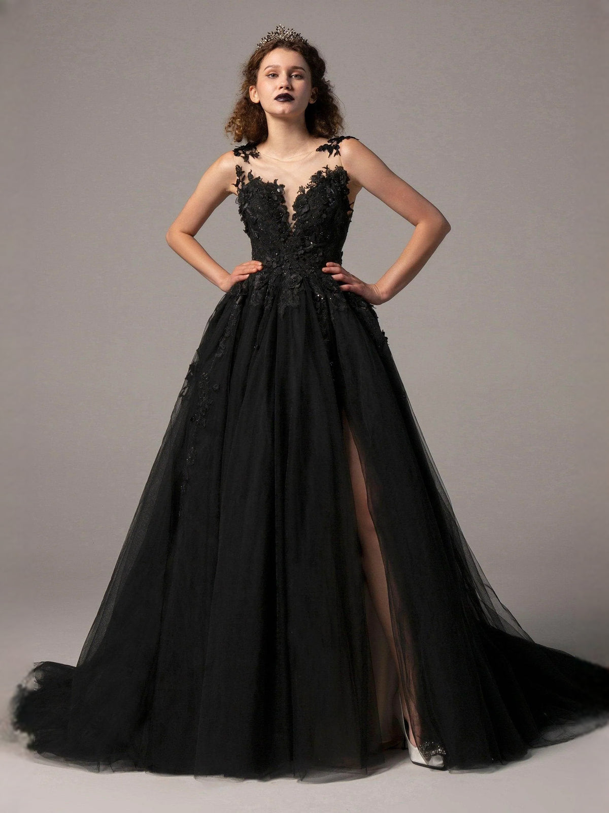 Black floor-length wedding dress, alternate view showing the bodice and skirt
