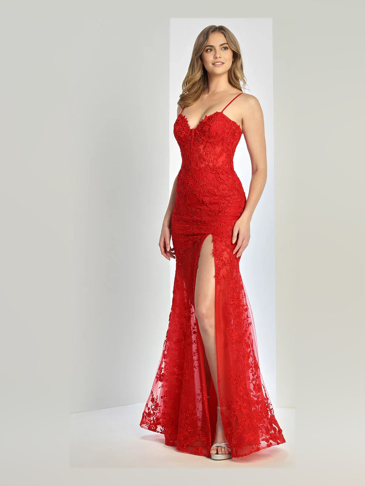 Red floor-length prom dress, alternate view showing the bodice and skirt