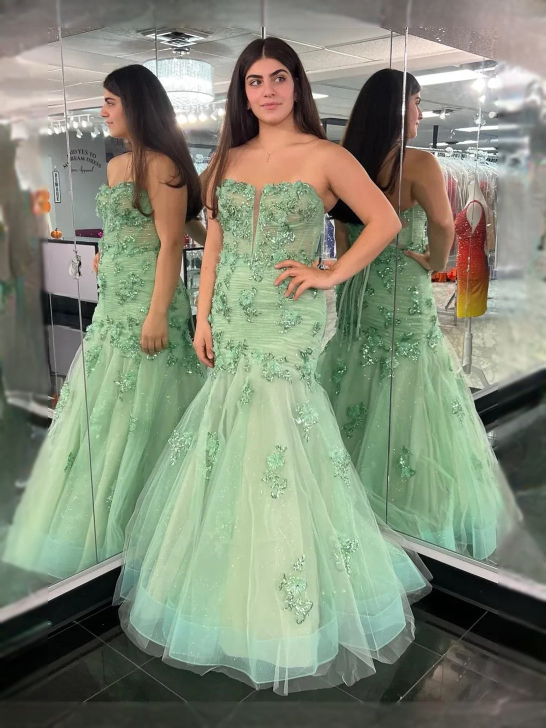 Mint Green maxi prom dress, alternate view showing the bodice and skirt