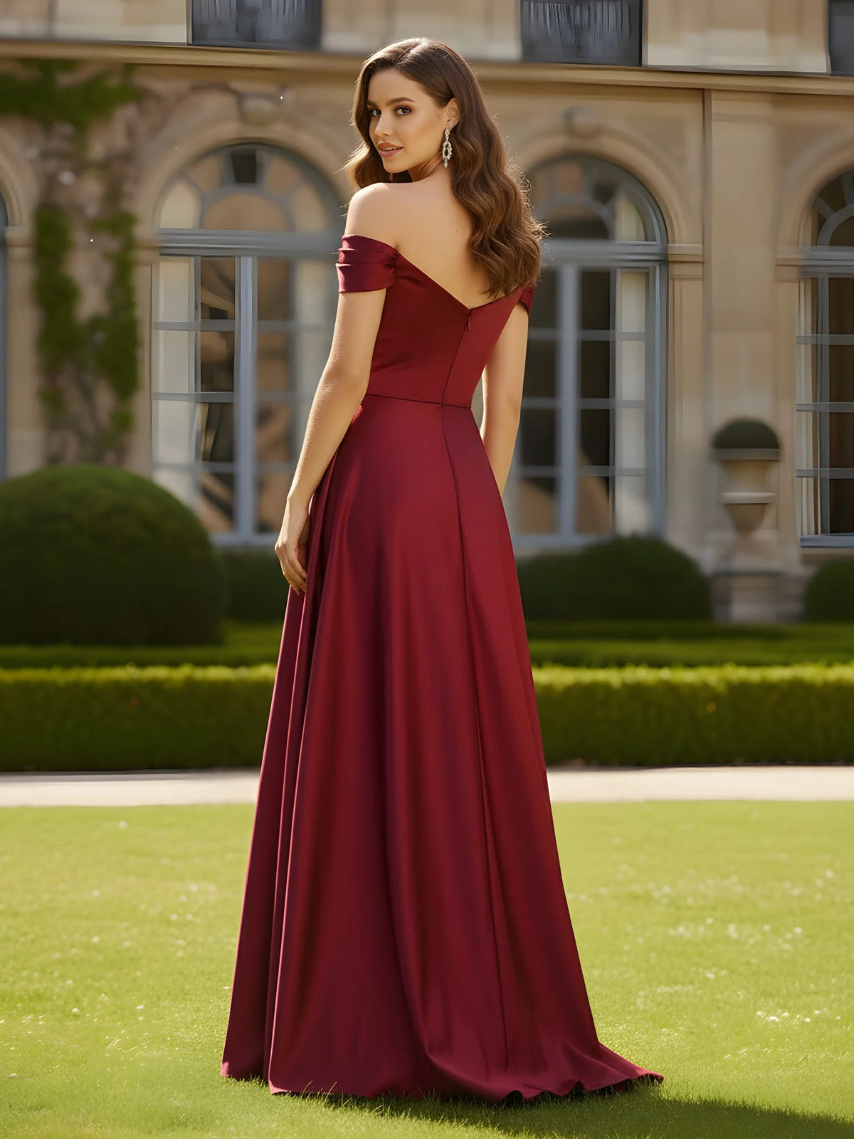 Burgundy floor-length bridesmaid dress, alternate view showing the bodice and skirt