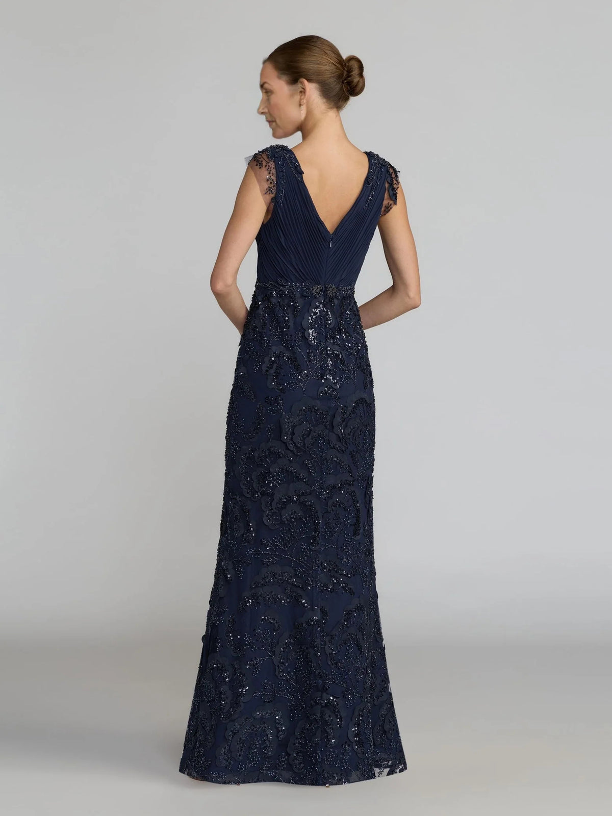 Dark Blue floor-length mother of the bride dress, alternate view showing the bodice and skirt