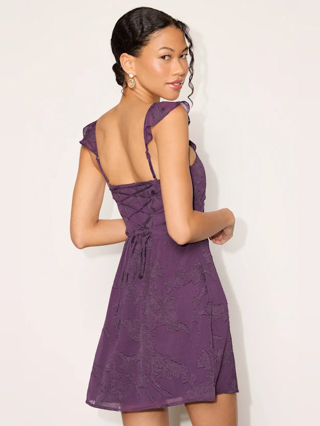 Purple Floral mini homecoming dress, alternate view showing the bodice and skirt
