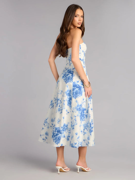 Blue Print a-line midi formal dress with floral print, alternate view