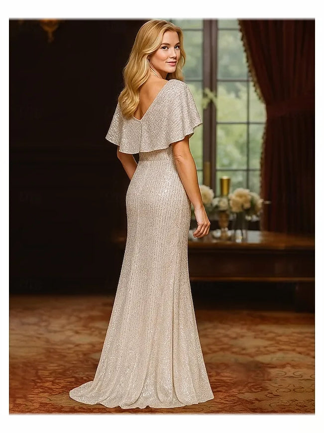 Champagne floor-length mother of the bride dress, alternate view showing the bodice and skirt