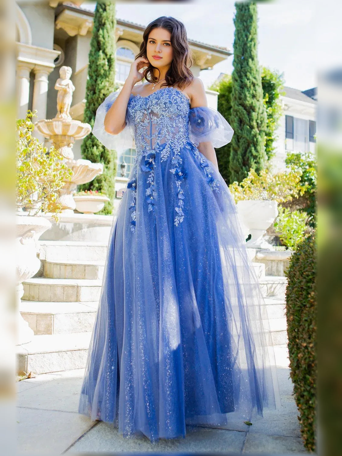 Blue a-line floor-length formal dress with corset-style bodice, alternate view