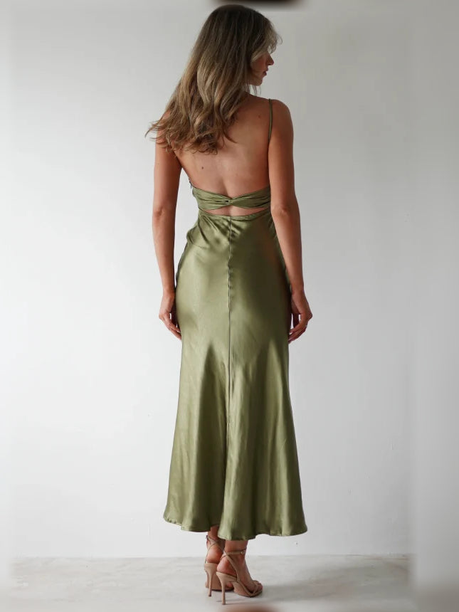 Olive Green maxi bridesmaid dress, alternate view showing the bodice and skirt