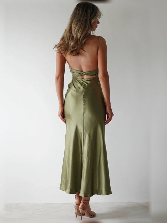 Olive Green maxi bridesmaid dress, alternate view showing the bodice and skirt