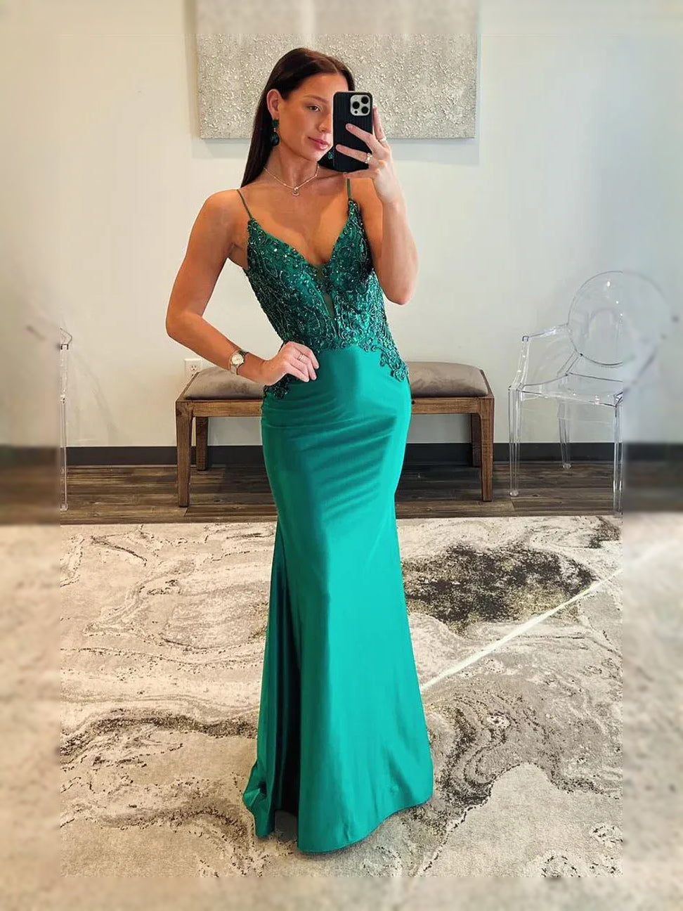 Emerald Green floor-length prom dress, back view showing the rear of the dress