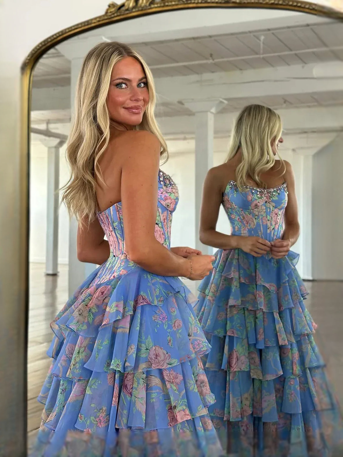 Floral maxi prom dress, alternate view showing the bodice and skirt