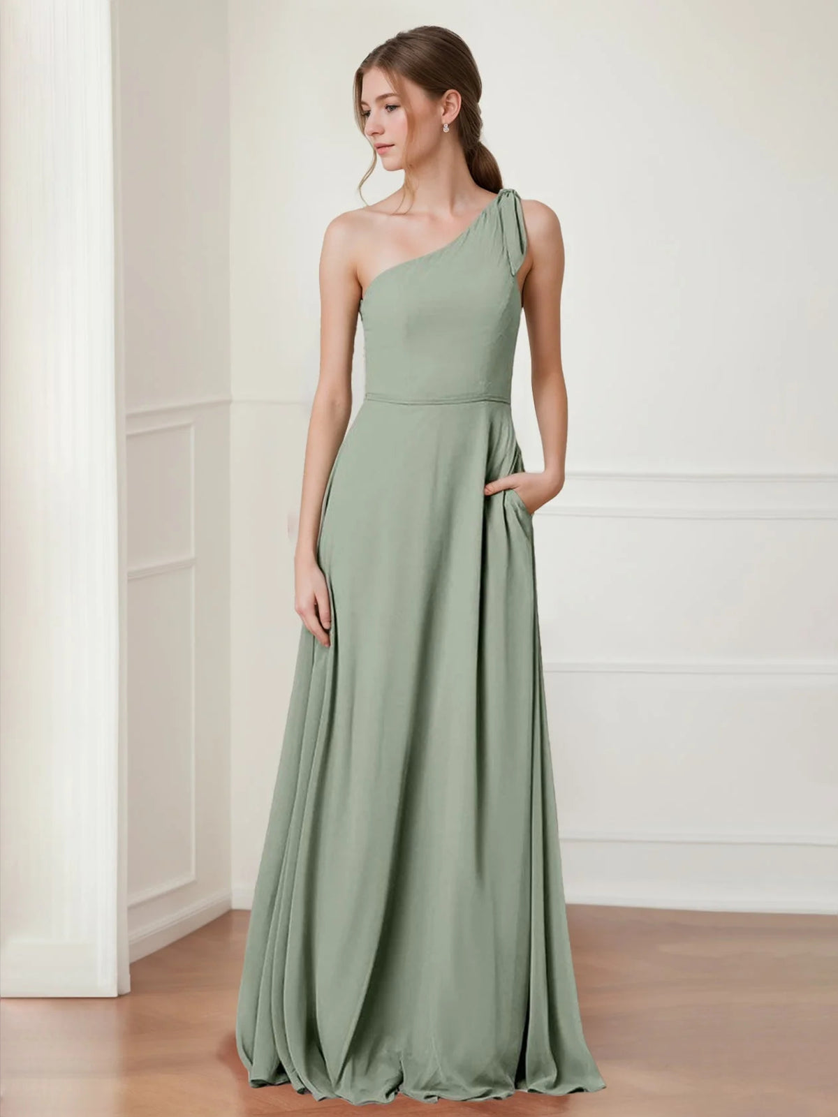 Dusty Sage floor-length prom dress, alternate view showing the bodice and skirt